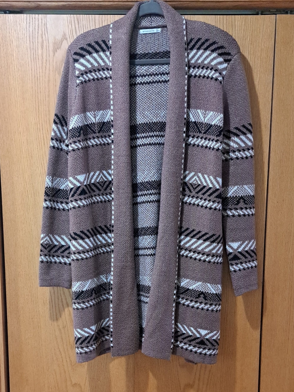 Staccato Geometric Open-Front Cardigan - Taupe, Black & Cream